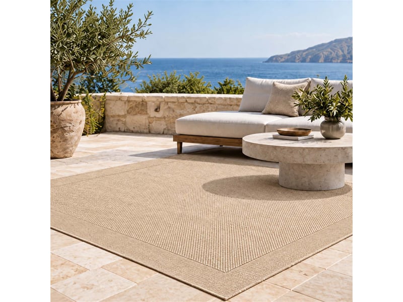  The white stone tapis extérieur avec bordure 160x230 cm beige | pour intérieur et extérieur, résistant aux uv et à l'eau, lavable | tapis en polypropylène tissé à plat effet sisal  - Conforama C