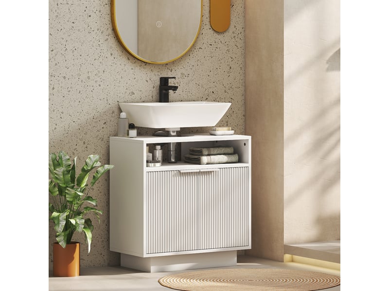  Meuble sous-évier avec 2 portes rainurées et compartiment ouvert pour évier sans colonne, 60 x 33 x 63 cm, blanc  - Conforama D