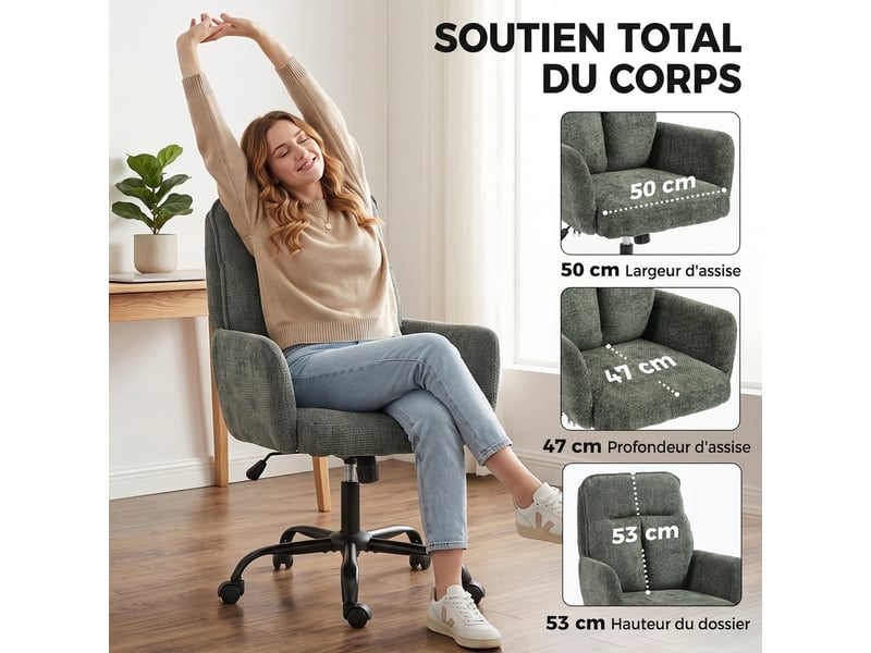  Chaise bureau ergonomique, fauteuil de bureau avec hauteur réglable, assise large, fonction bascule, vert foncé  - Conforama D