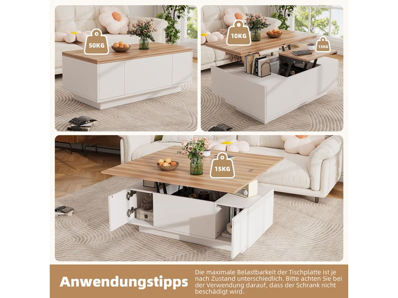  Table basse, plateau relevable double mécanisme table basse salon, rangement intégré discret, capacité charge 50 kg  - Conforama D