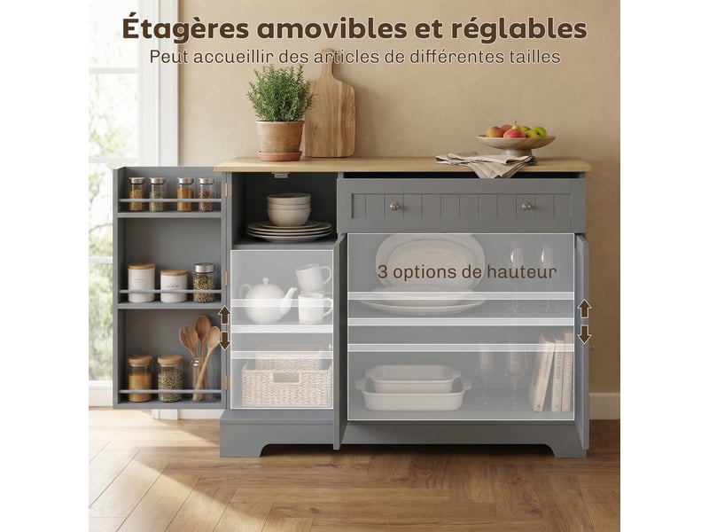 Buffet cuisine, meuble de rangement avec 3 portes, tiroir, 105x40x83cm, étagères de porte et étagère réglable, gris - Conforama E