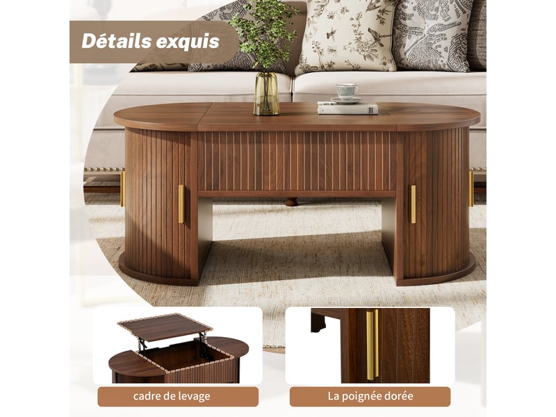 Table basse moderne à hauteur réglable, idéale pour le salon, avec étagères ouvertes et rangements dissimulés, portes coulissantes, parfaite pour les petits appartements et les bureaux à domicile. - Conforama E