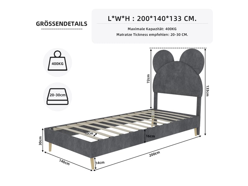 Lit enfant 140x200 cm, tête de lit dessin animé, sommier à lattes, en velours, gris, sans matelas  - Conforama C