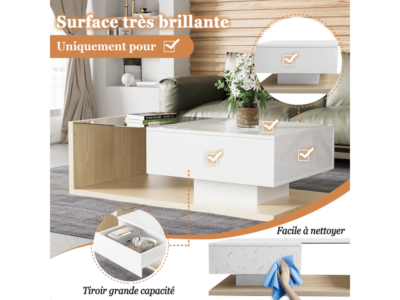  Table basse combinant blanc brillant et tons bois. Tables d'appoint et tables basses avec verre et éclairage led.  - Conforama E