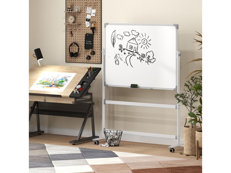  Tableau blanc magnétique double face 120 x 90 cm sur roulettes, pivotant à 360 degrés avec accessoires de bureau  - Conforama E