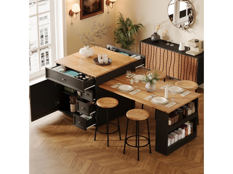 Îlot de cuisine extensible 120-184 cm, desserte à roulettes noire avec plateau aspect bois et tiroirs de rangement, mdf et métal. - Conforama E