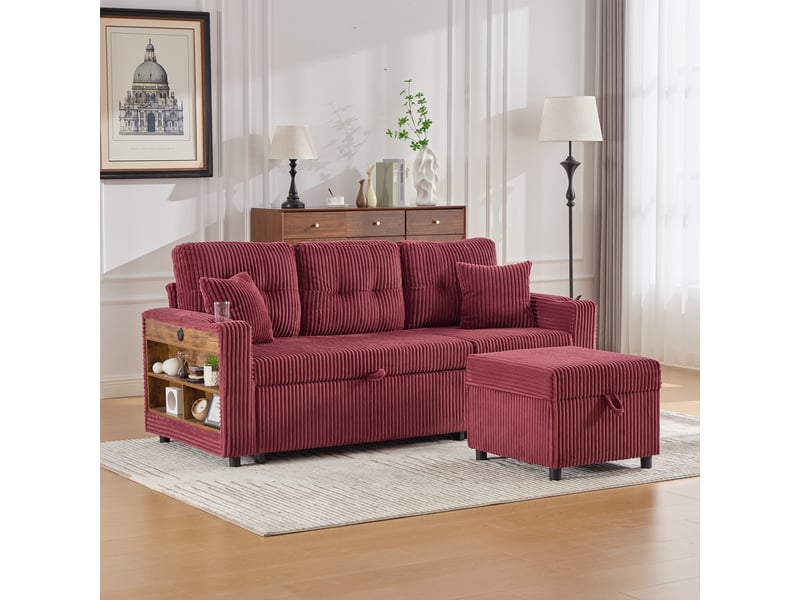  Canapé convertible 3 places salon confortable avec fonction couchage, éclairage led et port usb-c, rangement et porte-gobelet en velours côtelé rouge  - Conforama B