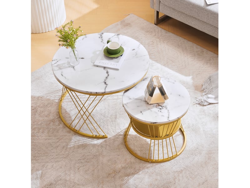  Lot de 2 tables basses gigognes rondes 70x70x45 cm et 45x45x40 cm, blanc et doré  - Conforama B