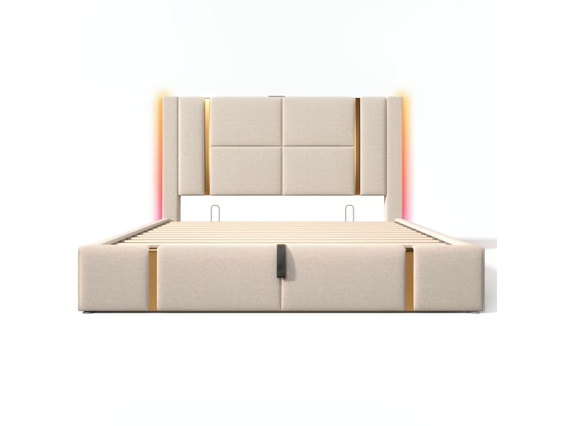 Lit coffre,160x200 cm,avec led et usb type c,tissu,beige - Conforama E