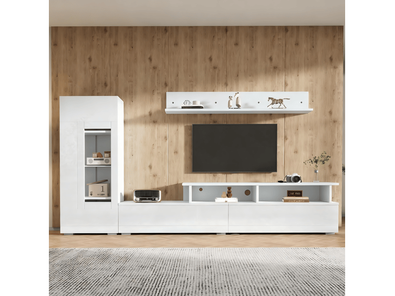  Meuble tv mural avec vitrine et étagère, 3 portes, éclairage led et rangement pour salon aux façades blanches brillantes  - Conforama D