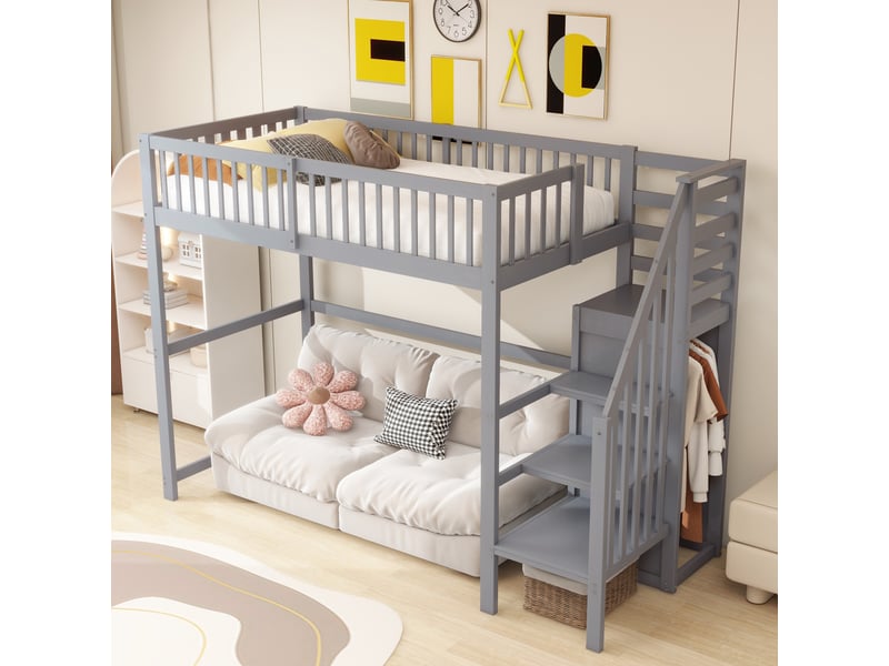  Lit mezzanine 90 x 200 cm, escalier, penderie ouverte, étagères de rangement, espace libre sous le lit, pour la chambre, bois, gris ABC - Conforama D