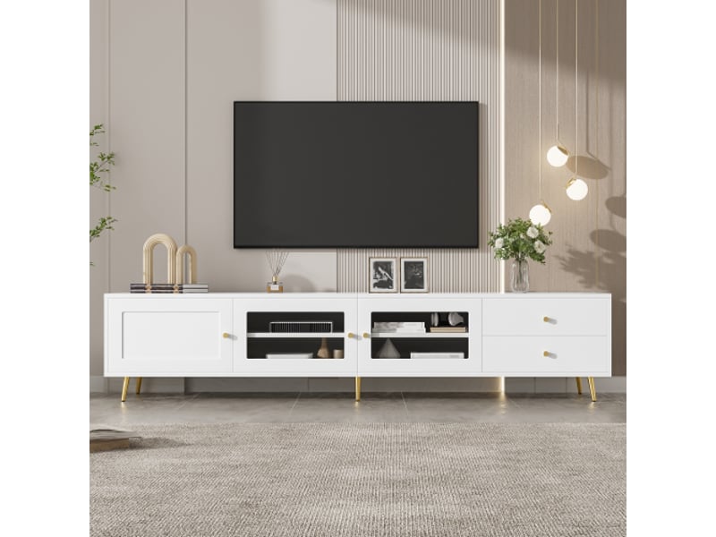  Meuble tv bas blanc 170×40×43 cm – 2 tiroirs, 2 portes vitrées, 1 porte, rangements, étagères réglables, poignées métal  - Conforama D