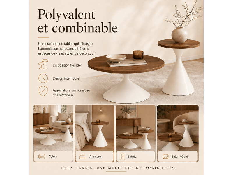 Lot de 2 tables rondes ø70 x h40 cm et ø50 x h50 cm – aspect noyer – usage polyvalent au salon  - Conforama D