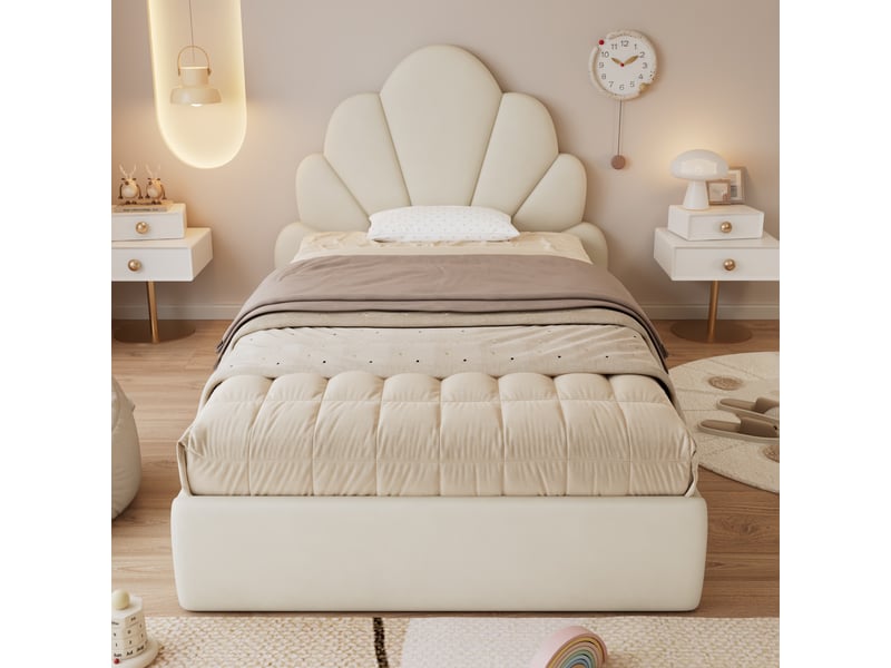  Lit enfant 90x200 cm, tête de lit à pétales courbés, sommier, velours beige, sans matelas  - Conforama B
