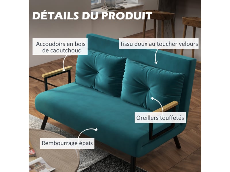  Canapé convertible 2 places avec dossier réglable à 5 niveaux et 2 coussins rembourrés, vert canard, revêtement velours  - Conforama R