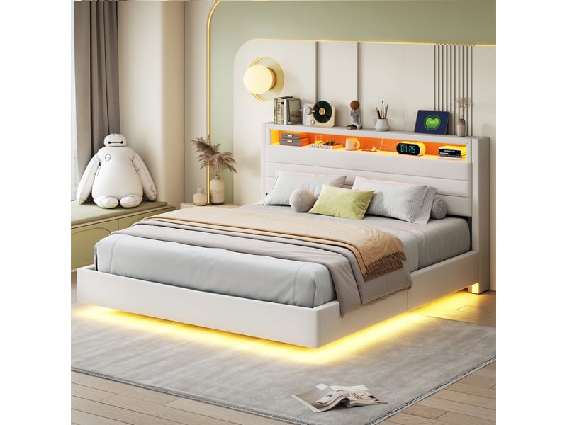  Lit coffre double 160x200 cm avec led et usb, rangement hydraulique, tête de lit réversible,lin, beige  - Conforama B