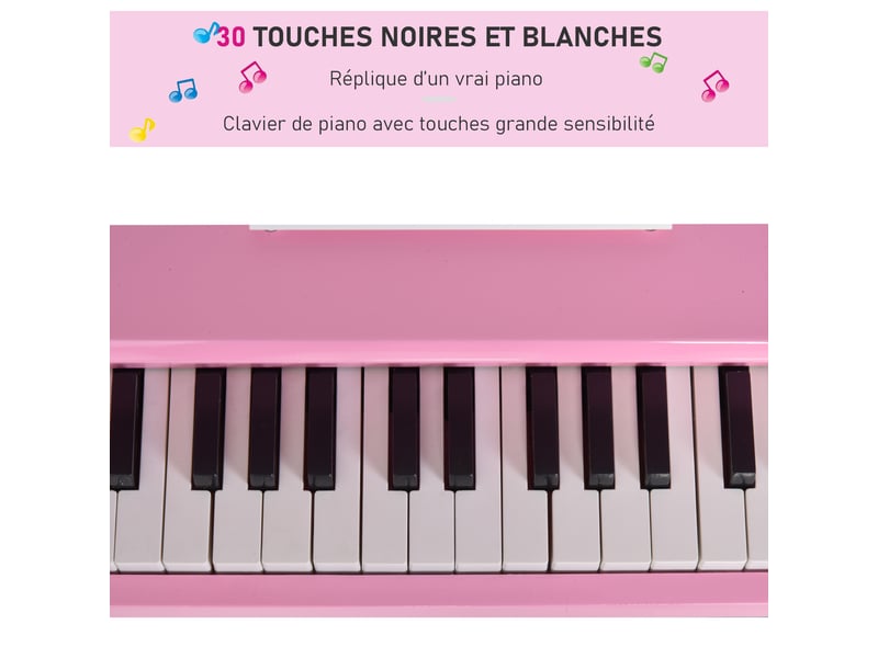 Piano à queue enfant en bois piano enfant clavier de piano 30 touches - tabouret et pupitre inlus - instrument de musique - mdf rose - Conforama E