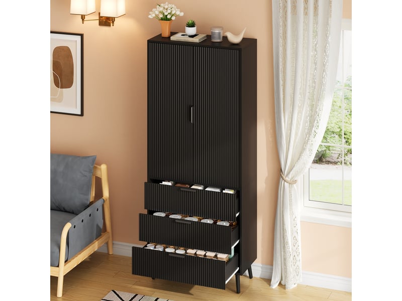  Buffet - 75x35x180 cm - meuble de rangement haut avec 2 portes, 3 tiroirs et étagères de porte - noir  - Conforama D