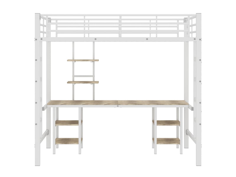  Lit mezzanine enfant 200×90 cm avec bureau, étagères et échelle latérale, garde-corps, en métal et mdf blanc  - Conforama A
