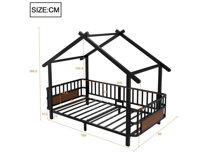  Lit cabane enfant 90 x 200 cm en métal noir avec barrières de sécurité  - Conforama C