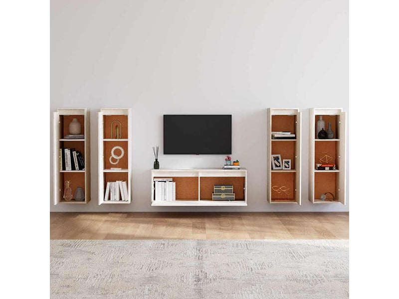 Lot de 5 meuble tv bas salon blanc bois massif de pin shl5768  - Conforama C