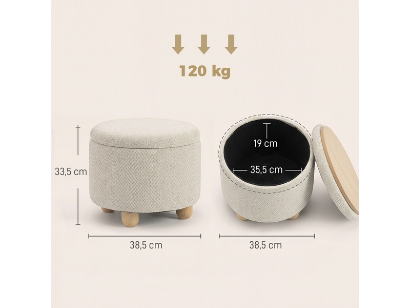  Pouf coffre rond couvercle réversible aspect lin beige 38,5x38,5x33,5 cm  - Conforama C