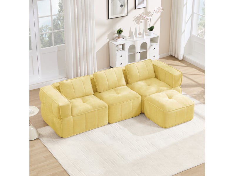  Canapé d'angle modulaire 3 places avec pouf, assise profonde et mousse 32d, sans cadre en polyester jaune  - Conforama E