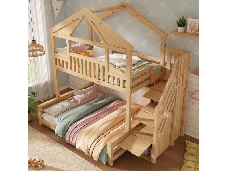  Lit superposé maison 90x200 + 140x200 cm escalier rangement, sommier à lattes, mdf, bois naturel sans matelas  - Conforama B