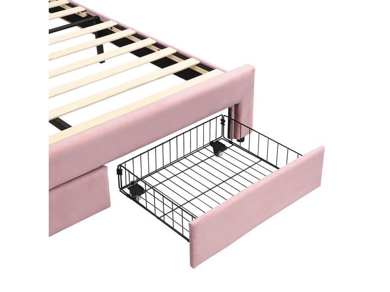  Lit enfant rembourré 140 × 200 cm, 2 tiroirs en pied, tête ondulée bicolore avec led commandées par application, rose  - Conforama E