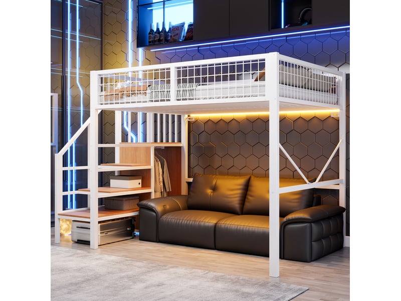 Lit mezzanine 140x200 cm blanc en métal avec escalier de rangement et led - Conforama B