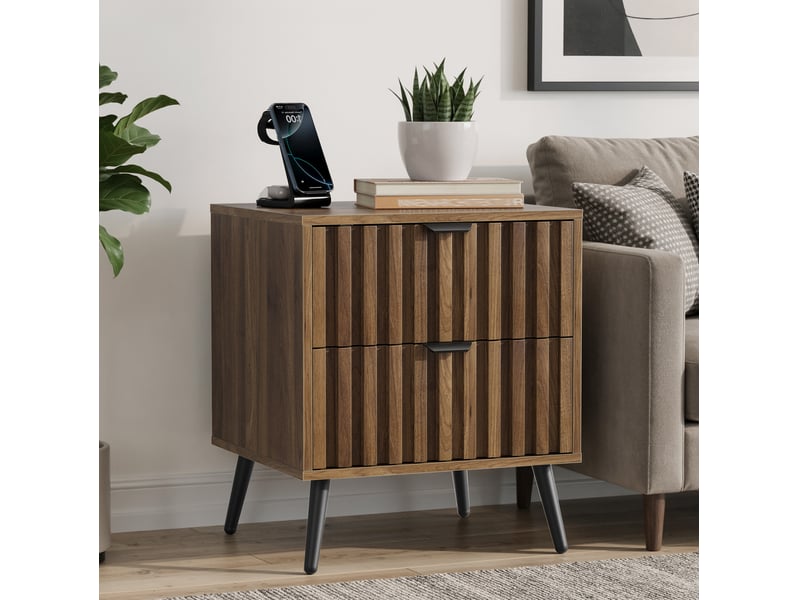  Table de chevet tcqpz moderne 2 tiroirs 45 x 40 x 53 cm mdf noyer pieds métalliques  - Conforama E