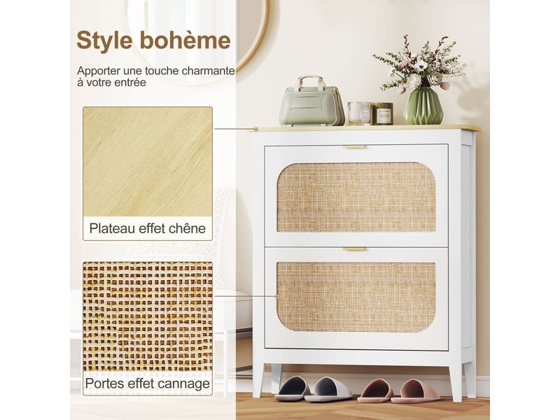  Meuble à chaussures 14 paires bohème avec 2 tiroirs rabattables, portes effet cannage rotin, blanc, 80 x 24 x 95,5 cm  - Conforama A