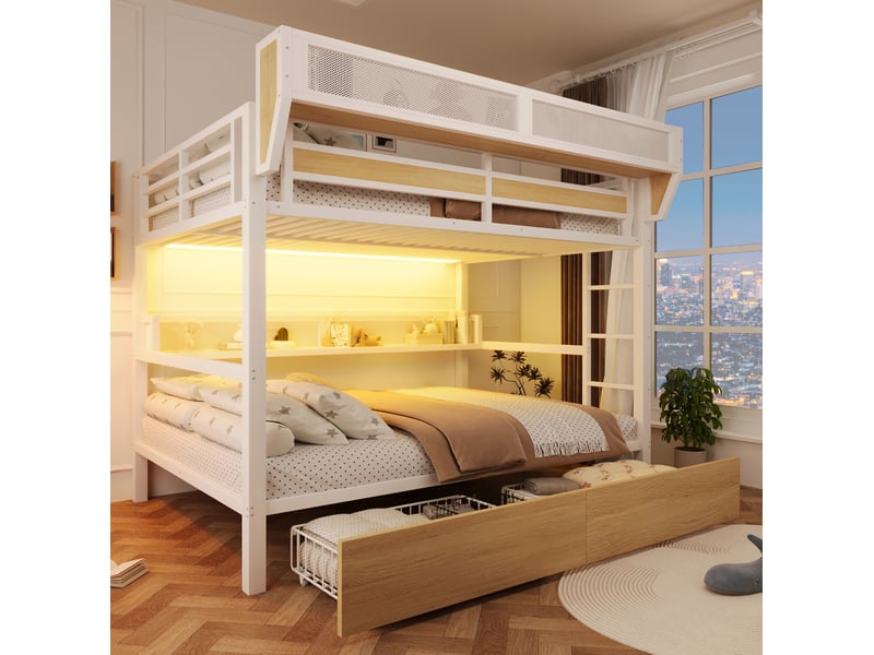  Lit superposé modenvie 140 x 200 cm avec rangement led métal mdf blanc  - Conforama D