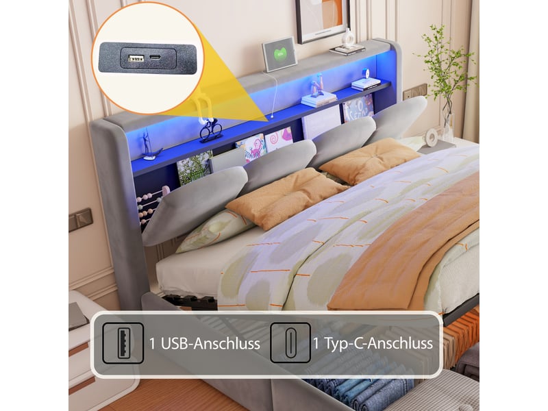  Lit coffre 140 × 200 cm 2 places avec led, usb, type-c et rangement, sans matelas, en velours gris  - Conforama E