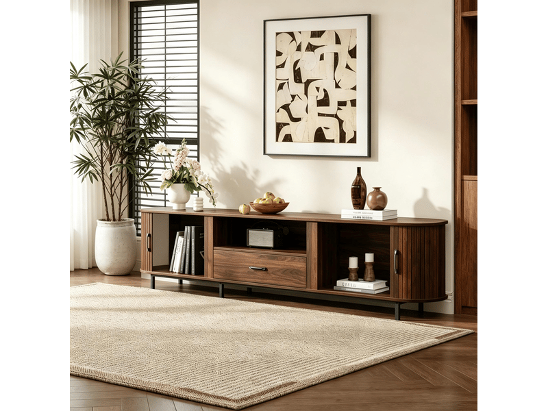 Meuble tv avec 2 portes coulissantes, 1 tiroir et 2 niches ouvertes rétro pour salon en mdf noyer foncé 180 × 40 × 50 cm - Conforama B