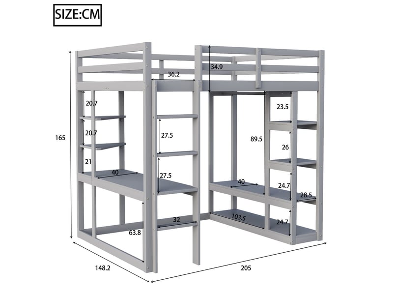  Lit mezzanine 140x200cm avec bureau et étagères, lit double -  échelle - pendeuse simple - ponction de rangement - gris  - Conforama C