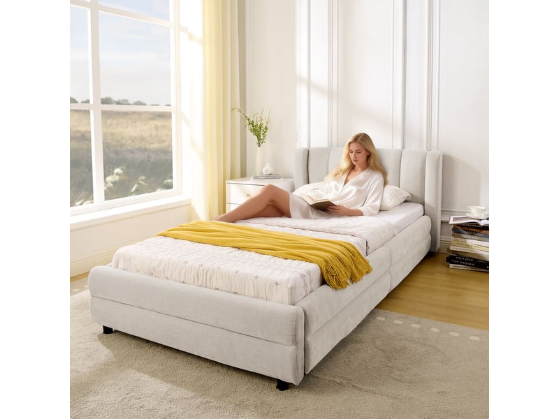  Lit avec tiroirs 90x200, tiroirs latéraux lit une personne, revêtement chenille doux, ports usb intégrés, dossier ergonomique  - Conforama B