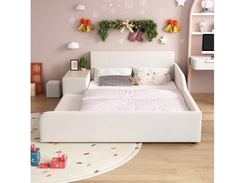 Lit enfant en velours 140x200 cm avec bureau, tabouret et étagère, blanc - Conforama E