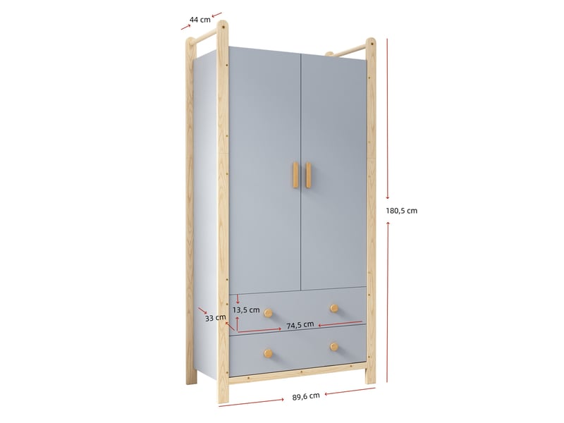  Armoire avec penderie, 2 portes et 2 tiroirs, en panneaux de particules et pin, bleu et naturel, 90 × 45 × 180 cm  - Conforama D