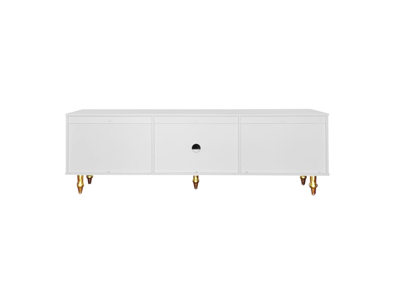  Meuble tv style rétro avec portes en rotin, poignées dorées, tiroirs push-to-open, pieds métalliques, blanc  - Conforama E