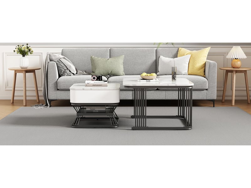  Table basse set 2 pièces 70x70x50 50x50x40, plateau effet marbre brillant table basse salon, 1 tiroir, piètement métal, idéal petits espaces  - Conforama D