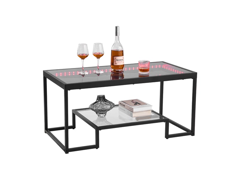  Vevor table basse en verre trempé 2 niveaux 100x51 cm, structure métal noire, étagère ouverte et éclairage led intégré ZH630 - Conforama A
