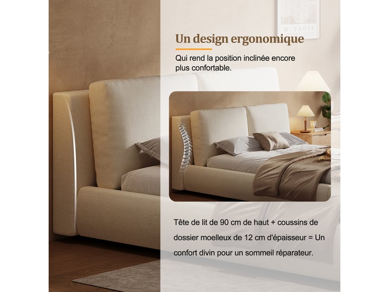  Lit capitonné, lit double, 180 x 200 cm, sommier à lattes et tête de lit capitonnée, bouclé beige  - Conforama D
