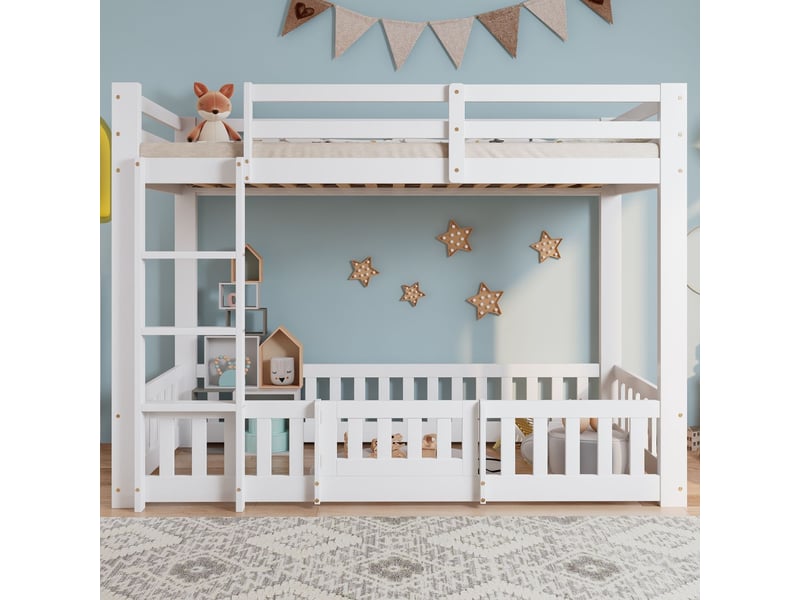  Lit superposé enfant 90x200, sécurité maximum garde-corps lit superpose cabane, structure bois massif, espace jeu libre  - Conforama B