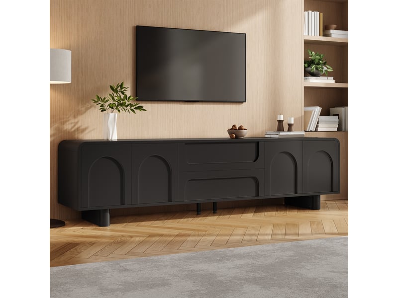  Meuble tv noir 180x40x46cm réglable rangement tiroirs portes passe-câbles coins arrondis brillant mdf et panneau de particules salon  - Conforama D
