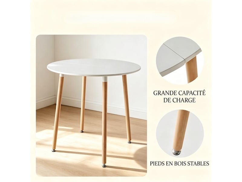  Ensemble table ronde et 4 chaises moderne blanc et bois, 80x80 cm  - Conforama E