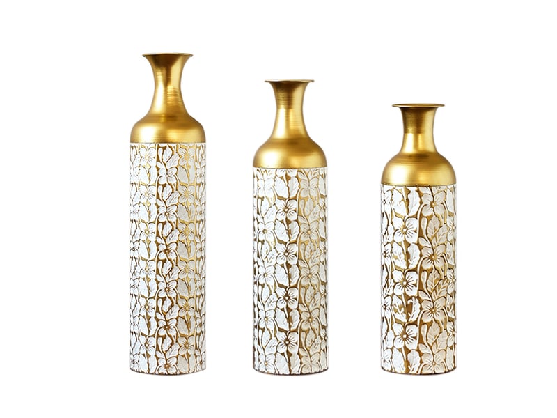 Lot de 3 vases de sol 506685 cm – doré et blanc – métal à motif floral, décoration art déco élégante - Conforama A