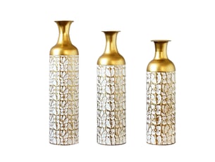 Lot de 3 vases de sol 506685 cm – doré et blanc – métal à motif floral, décoration art déco élégante