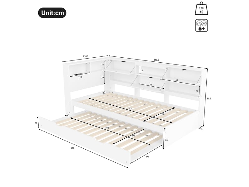 Lit banquette 90x200 cm avec lit gigogne blanc 90x190 cm - rangement tête de lit et ports usbtype-c - Conforama C