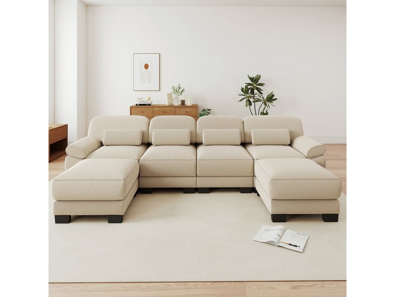 Canapé modulable modenvie 4 places en u avec 2 poufs, assise profonde, velours côtelé beige, 336 x 161 x 94 cm - Conforama D